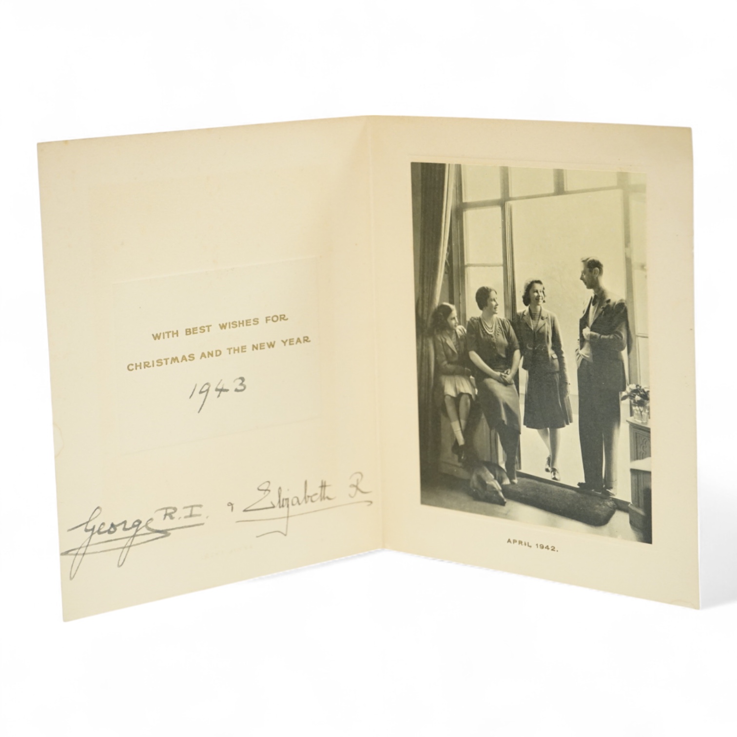 A Royal Christmas card from HM King George VI and Queen Elizabeth for 1943, published by Raphael Tuck and Sons Ltd. with a gilt embossed crown on the front, inside; ‘with best wishes for Christmas and the New Year 1943,
